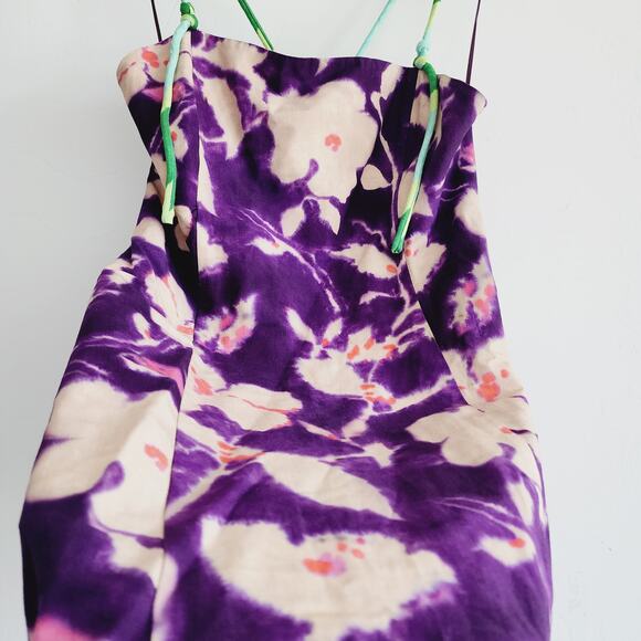 Zara Purple Floral Print Linen Spaghetti Strap Mini Dress Size Large - Picture 6 of 10